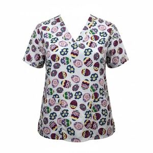 Expo Women's V Neck Scrub Top Size Medium Easter Eggs Design Colorful Easter New